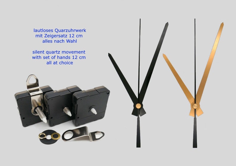 Quarz Uhrwerk lautlos mit Zeigersatz 120 mm schwarz weiß gold Quarzuhrwerk mit Uhrzeiger 12 cm leises Uhrwerk geräuschlos Alu Zeiger zdjęcie 1