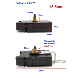 DCF Funkuhrwerk ohne ticken 16mm, 23mm Welle für Zifferblattdicke 6 / 12 mm Radiouhrwerk für DIY, Wanduhr mit Anleitung New Bild 2