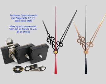 lautloses Quarz Uhrwerk mit Zeigersatz 12 cm - schwarz weiß gold - Quarzuhrwerk + Uhrzeiger 120 mm - leises Uhrwerk geräuschlos ohne ticken