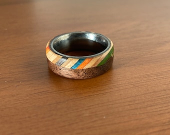 Titanium Ring w/ Recycled Skateboards & Walnut