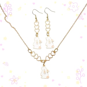 Bunny Rabbit Necklace & Earrings Gold with Hearts Connectors | Cute Rabbit Jewelry Set | Rabbit Dangle Earrings | Bunny Necklace