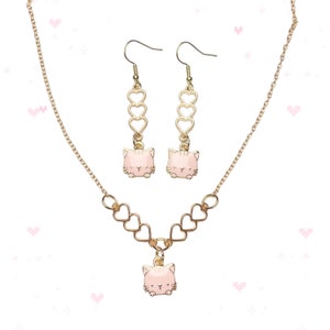 Pink Kitty Cat Necklace & Earrings Gold with Hearts Connectors | Cute Cat Jewelry Set | Cat Dangle Earrings | Cat Necklace