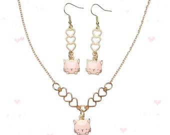 Conjunto de joyas de gatito rosa: collar de cadena dorada y pendientes colgantes con conectores de corazón