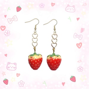 Strawberry Dangle Earrings Gold with Hearts Connectors