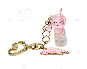 Kawaii Pink Cat Drink Resin Keychain: Gold Heart Key Ring