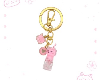 Pink Cat Boba Tea Keychain: Resin Charm with Gold Lobster Clasp Key Ring