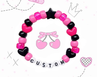Custom Black & Pink Kandi Bracelet: Personalized Name Kawaii Rave Accessories