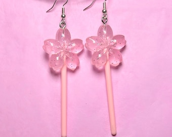 Pink Sakura Lollipop Earrings: Kawaii Resin Cherry Blossom Dangles