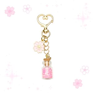 Sakura Cherry Blossom Charm Keychain: Pink Glitter Potion Bottle, Gold Heart Clasp