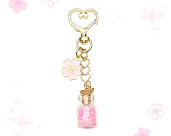 Sakura Cherry Blossom Charm Keychain: Pink Glitter Potion Bottle, Gold Heart Clasp