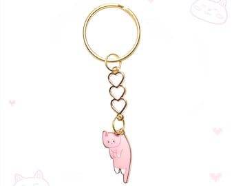 Pink Kitty Cat Hanging Charm Keychain Gold with Hearts Connector