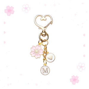 Sakura Cherry Blossom Initial Keychain: Gold Heart Key Ring, Kawaii Personalized Charm