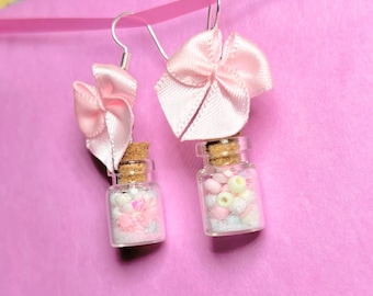 Pastel Glitter Bottle Dangle Earrings: Silver Ribbon Bow Coquette Jewelry