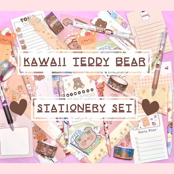 Teddy Bear Kawaii Stationery Set | Cute Mystery Stationary Bundle | Japanese Stationery Grab Bag | Bear Journaling Supplies Panda Polar Bear