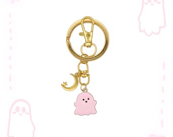 Pink Ghost and Crescent Moon Charm Keychain: Gold Key Ring and Lobster Clasp