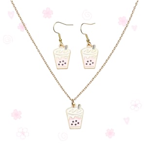 Pink Boba Tea Necklace & Earrings Gold | Pink Kawaii Boba Tea Jewelry Set | Boba Tea Dangle Earrings | Boba Tea Necklace