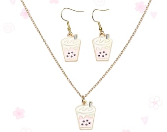 Pink Boba Tea Jewelry Set: Kawaii Dangle Earrings & Necklace with Gold Chain