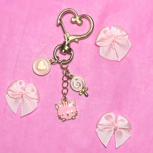 Pink Kitty Cat & Pink Lollipop with Pink Round Heart Charms Keychain Gold | Heart Shaped Key Ring