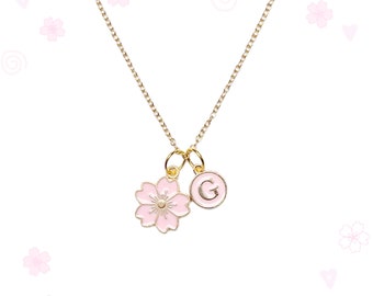 Initial Necklace with Pink Sakura Cherry Blossom Charm and Gold Chain | Letter Necklace | Cute Personalized Necklace