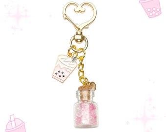 Pink Boba Tea Charm Keychain: Glitter Potion Bottle, Heart Key Ring