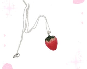 Strawberry Pendant Necklace: Resin Charm, Dainty Silver Chain