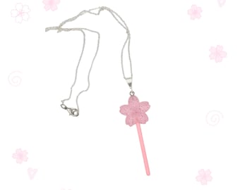 Cherry Blossom Lollipop Pendant Necklace: Pink Glitter Resin Charm, Dainty Silver Chain
