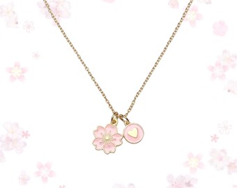 Sakura Cherry Blossom Necklace: Pink Flower & Heart Charm, Gold Chain
