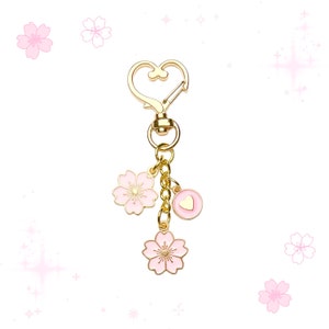 Sakura Cherry Blossom Keychain: Pink Heart Charms, Gold Heart Clasp