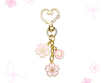 Sakura Cherry Blossom Keychain: Pink Heart Charms, Gold Heart Clasp