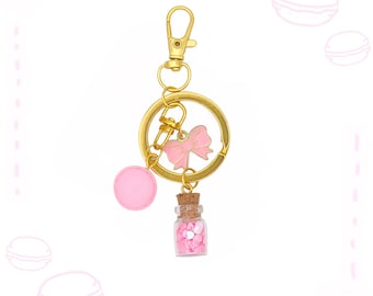 Pink Glitter Bottle Keychain with Macaron Charm and Bow: Gold Key Ring Lobster Clasp