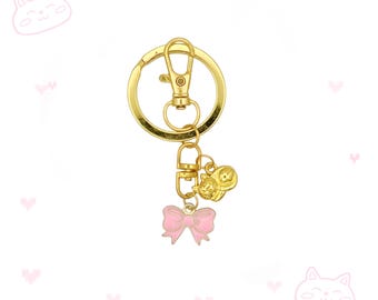 Pink Cat and Bow Charm Keychain: Gold Key Ring with Lobster Clasp