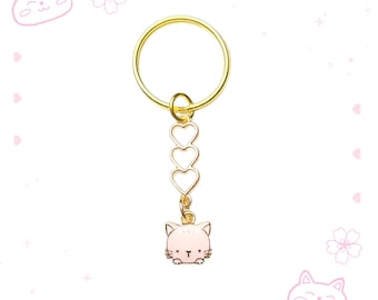 Pink Kitty Cat Charm Keychain Gold with Hearts Connector