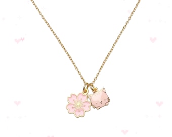 Sakura Cherry Blossom & Pink Kitty Cat Charm Necklace with Gold Chain