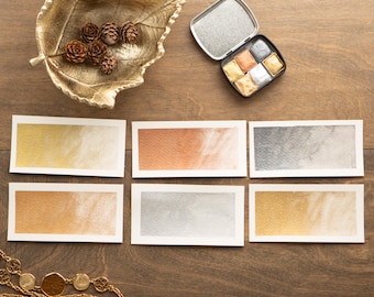 Shimmery Metallic Watercolor Palette, 6 Handmade Half Pans in Black Tin, Gift for Artists