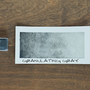 May include: A watercolor paint pan with a sample of Granulating Gray watercolor paint. The paint is a dark gray with a grainy texture.