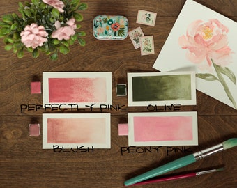 Floral Pinks Handmade Watercolor Paint Palette 4 half pans in assorted floral tins