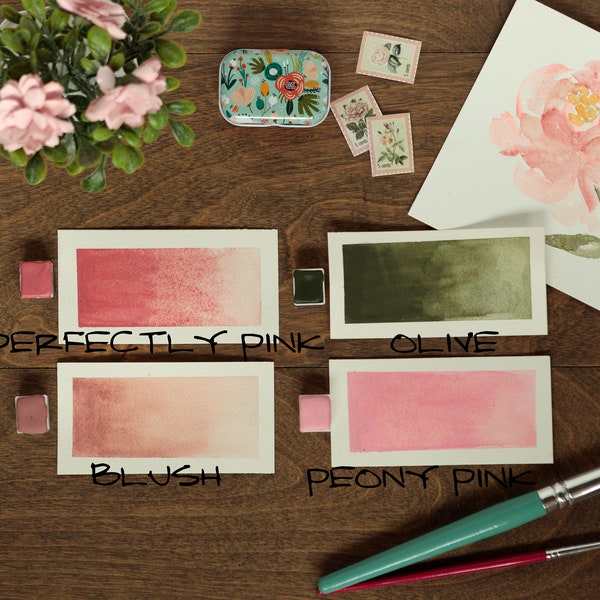 Floral Pinks Handmade Watercolor Paint Palette 4 half pans in assorted floral tins