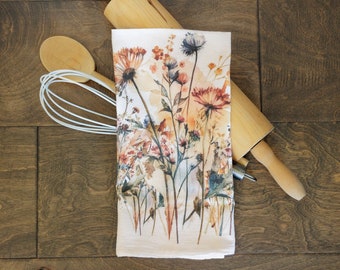 Watercolor Floral Tea Towel , Autumn Kitchen Towel, Autum Floral Tea Towel, Colors from Spiecd set, Botanical Tea Towel, Flour Sack Towel