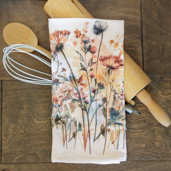 Watercolor Floral Tea Towel , Autumn Kitchen Towel, Autum Floral Tea Towel, Colors from Spiecd set, Botanical Tea Towel, Flour Sack Towel