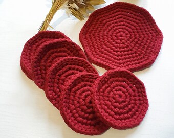Crocheted wine red coaster set | Coasters for cups and glasses | Cup coaster set | Christmas gift idea