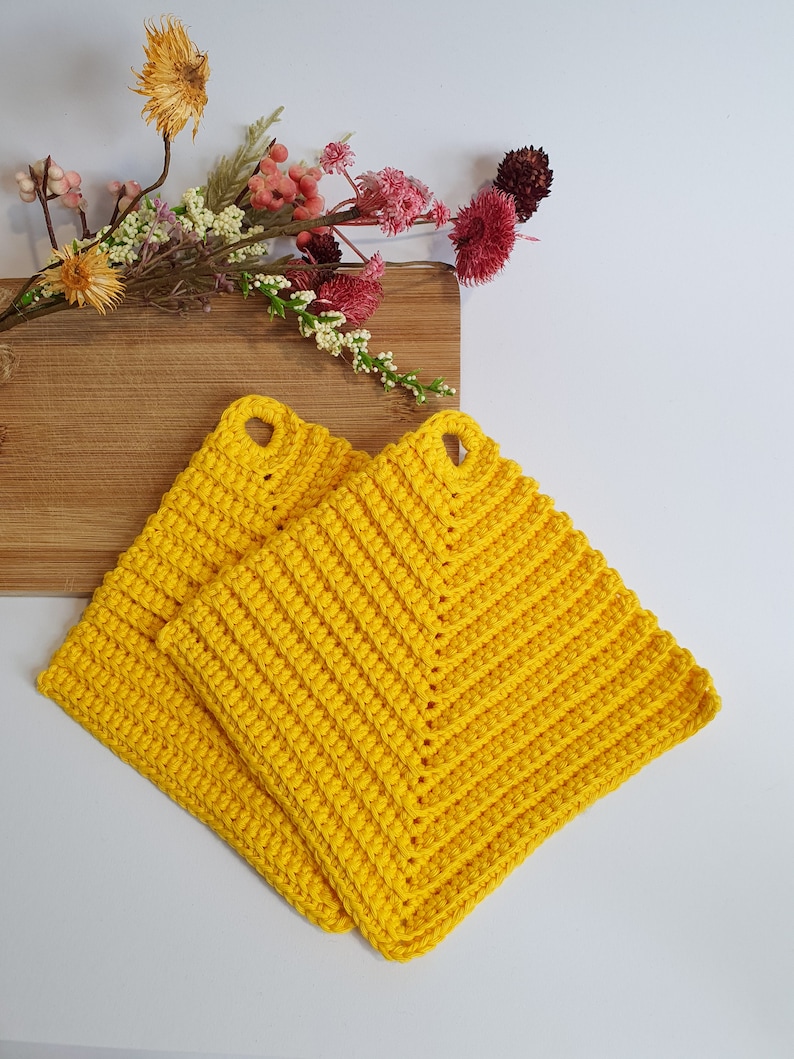 Crocheted pot holders different colors 1 pair Crocheted cotton pot holders useful kitchen utensils small gift idea Yellow