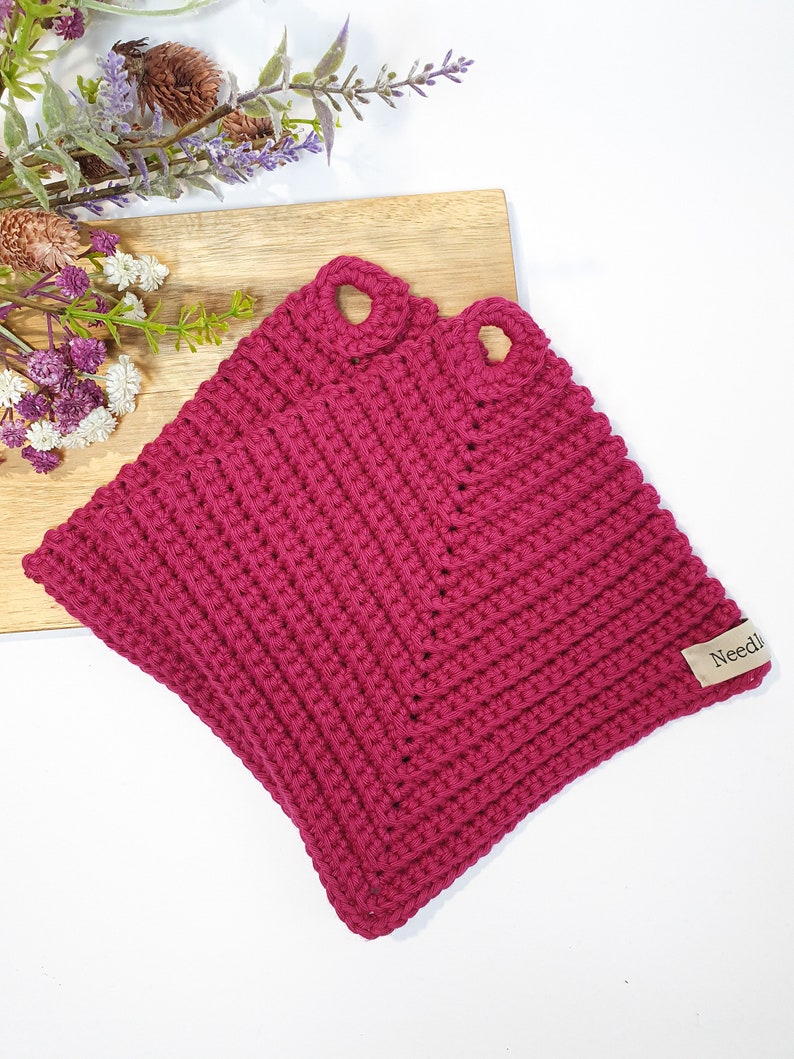 Crocheted pot holders different colors 1 pair Crocheted cotton pot holders useful kitchen utensils small gift idea Magenta