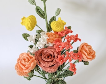 Handmade crocheted bouquet | Rose, wild roses, forget-me-nots & lantern flower | Long-lasting bouquet | Sustainable bridal bouquet