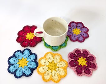 Crocheted coasters, set of 6 | Colorful flower coasters | Glass cup coasters | Easter gift idea | Mother's Day gift