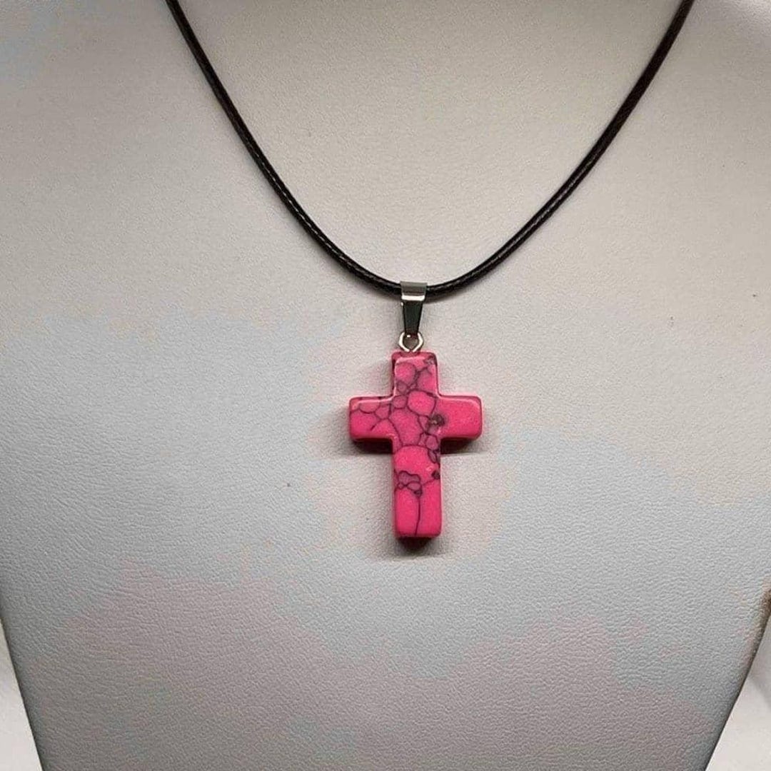 Pink Howlite Stone Cross Necklace Womens Casual Religious Faith Jewelry ...