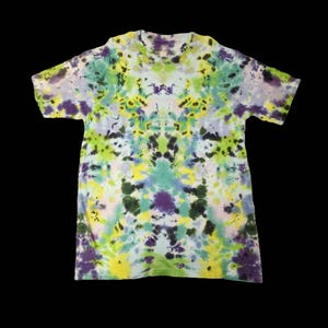 XL Hand-Dyed Tie-Dye Shirt – Symmetrical Inkblot Burst | Green, Yellow & Purple | Psychedelic Festival Tee, Unique Unisex Hippie Clothing