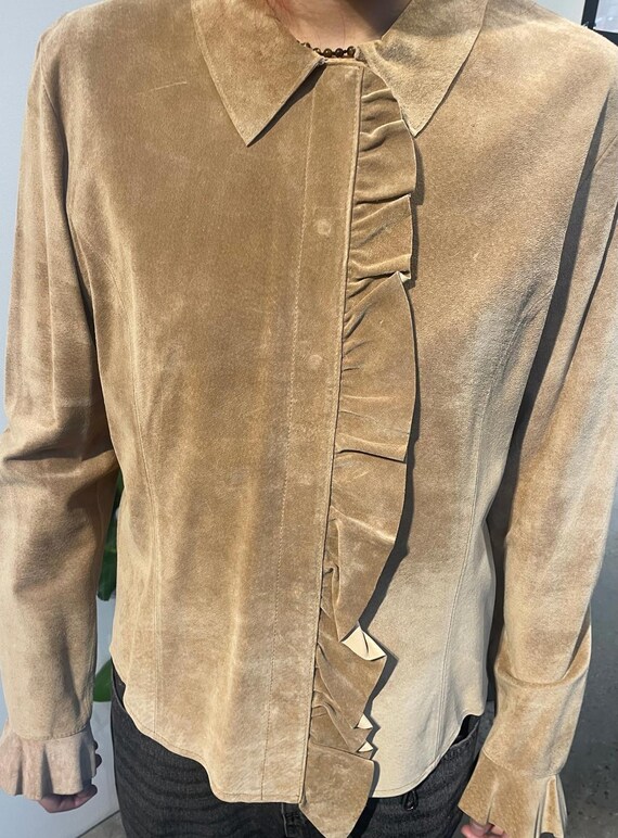 Suede Ruffle Front Button Blouse - image 1
