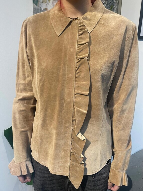 Suede Ruffle Front Button Blouse - image 5