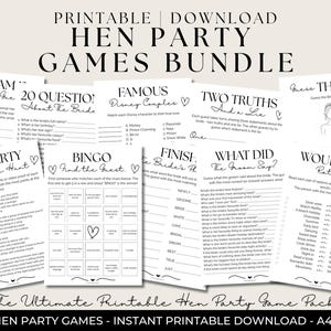 May include: A collection of printable hen party games on white paper. The games include "Who Am I?", "20 Questions About The Bride", "Famous Disney Couples", "Two Truths and a Lie", "Hen Party Scavenger Hunt", "Bingo", and more. The text reads "Hen Party Games Bundle".
