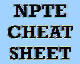May include: A light blue background with the text "NPTE CHEAT SHEET" in black with a glitched effect. A pink brain with a black "A" logo is in the bottom center.